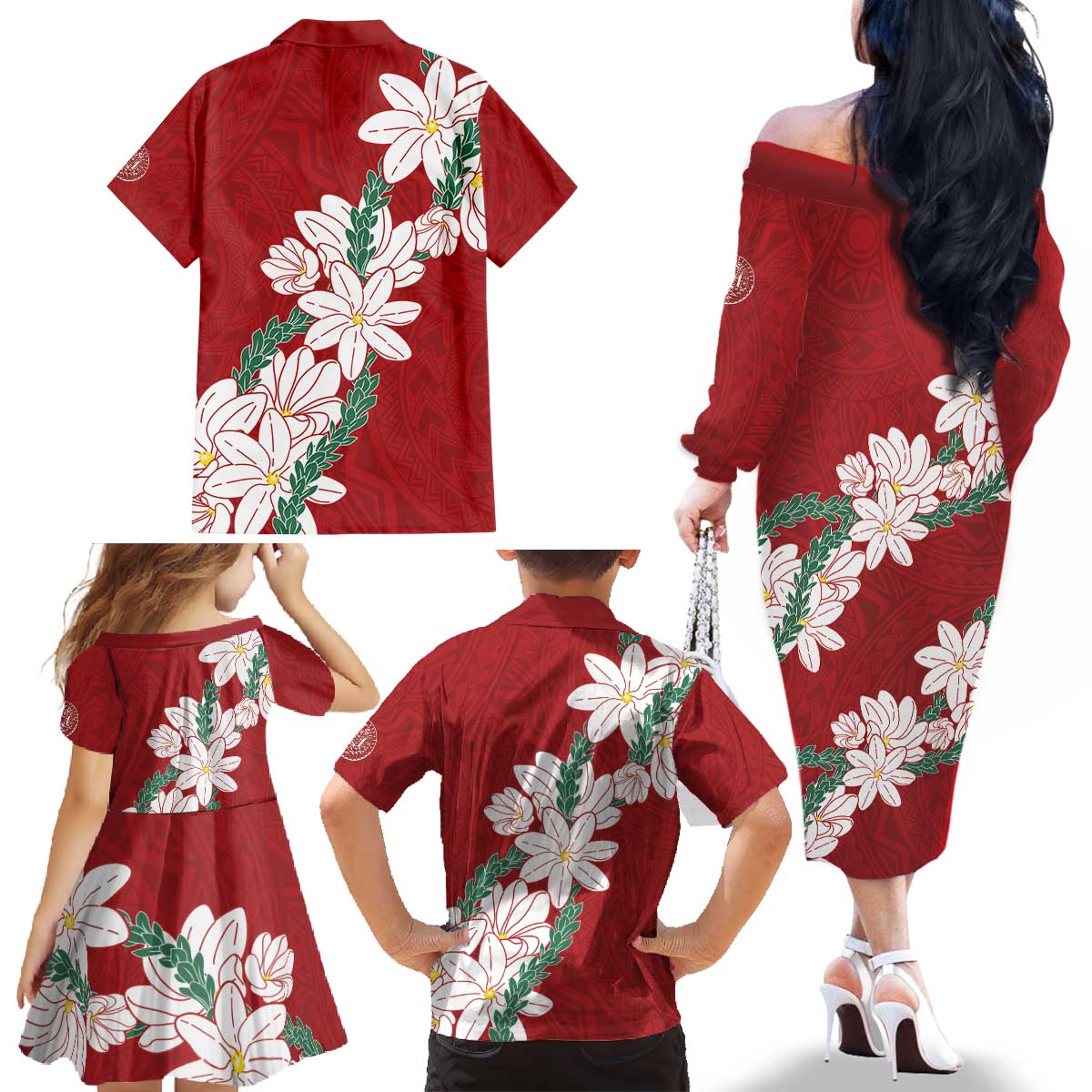 Ia Orana Tahiti Tiare Family Matching Off The Shoulder Long Sleeve Dress and Hawaiian Shirt Crimson Lei - Polynesian Pride