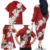 Ia Orana Tahiti Tiare Family Matching Off The Shoulder Long Sleeve Dress and Hawaiian Shirt Crimson Lei - Polynesian Pride
