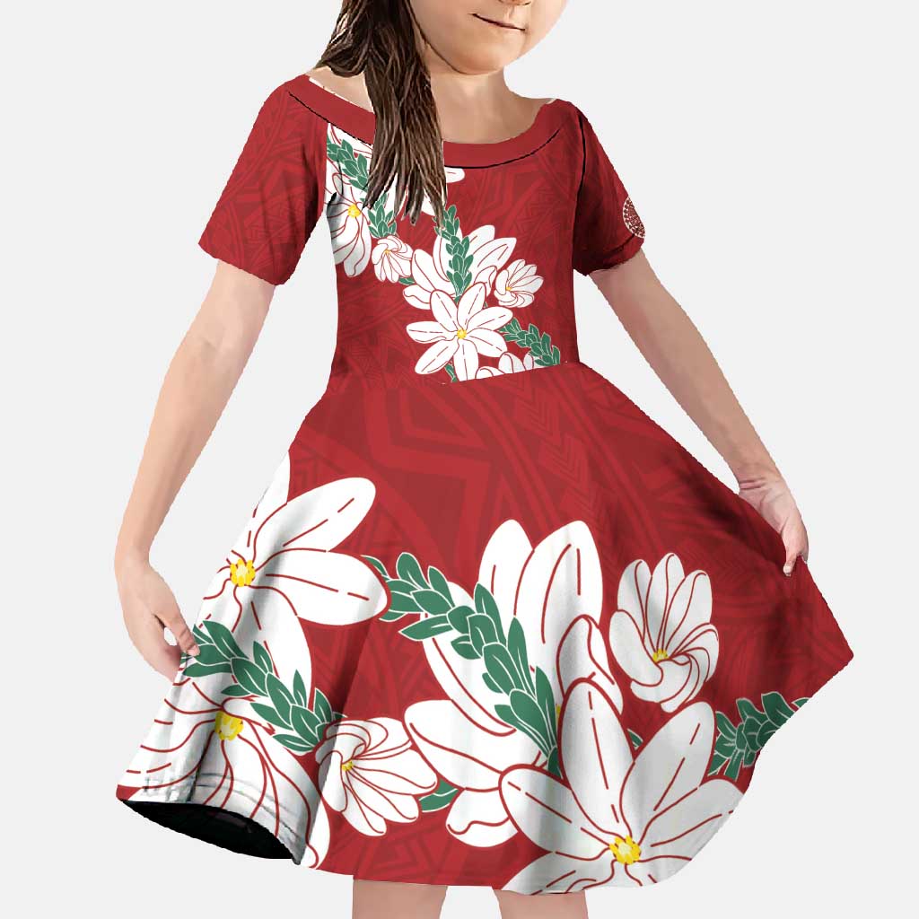 Ia Orana Tahiti Tiare Family Matching Short Sleeve Bodycon Dress and Hawaiian Shirt Crimson Lei - Polynesian Pride