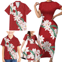 Ia Orana Tahiti Tiare Family Matching Short Sleeve Bodycon Dress and Hawaiian Shirt Crimson Lei - Polynesian Pride