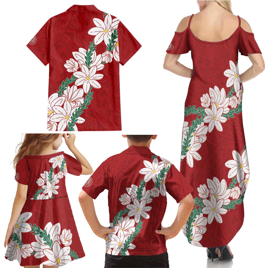 Ia Orana Tahiti Tiare Family Matching Summer Maxi Dress and Hawaiian Shirt Crimson Lei - Polynesian Pride