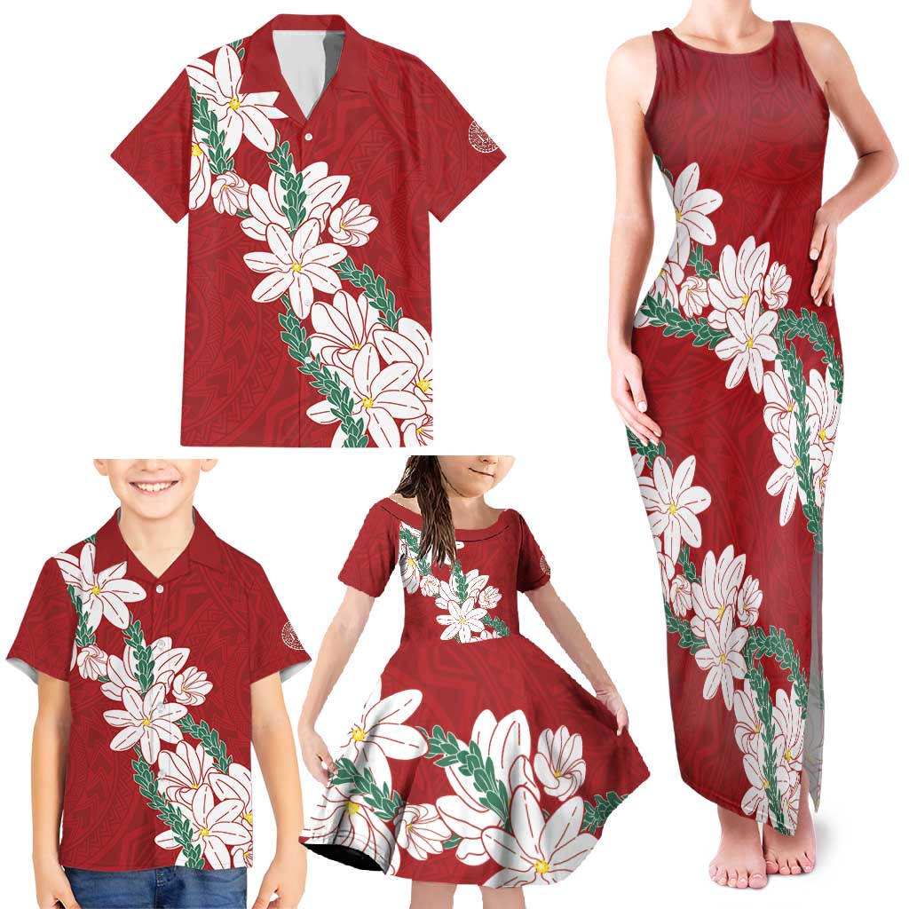 Ia Orana Tahiti Tiare Family Matching Tank Maxi Dress and Hawaiian Shirt Crimson Lei - Polynesian Pride