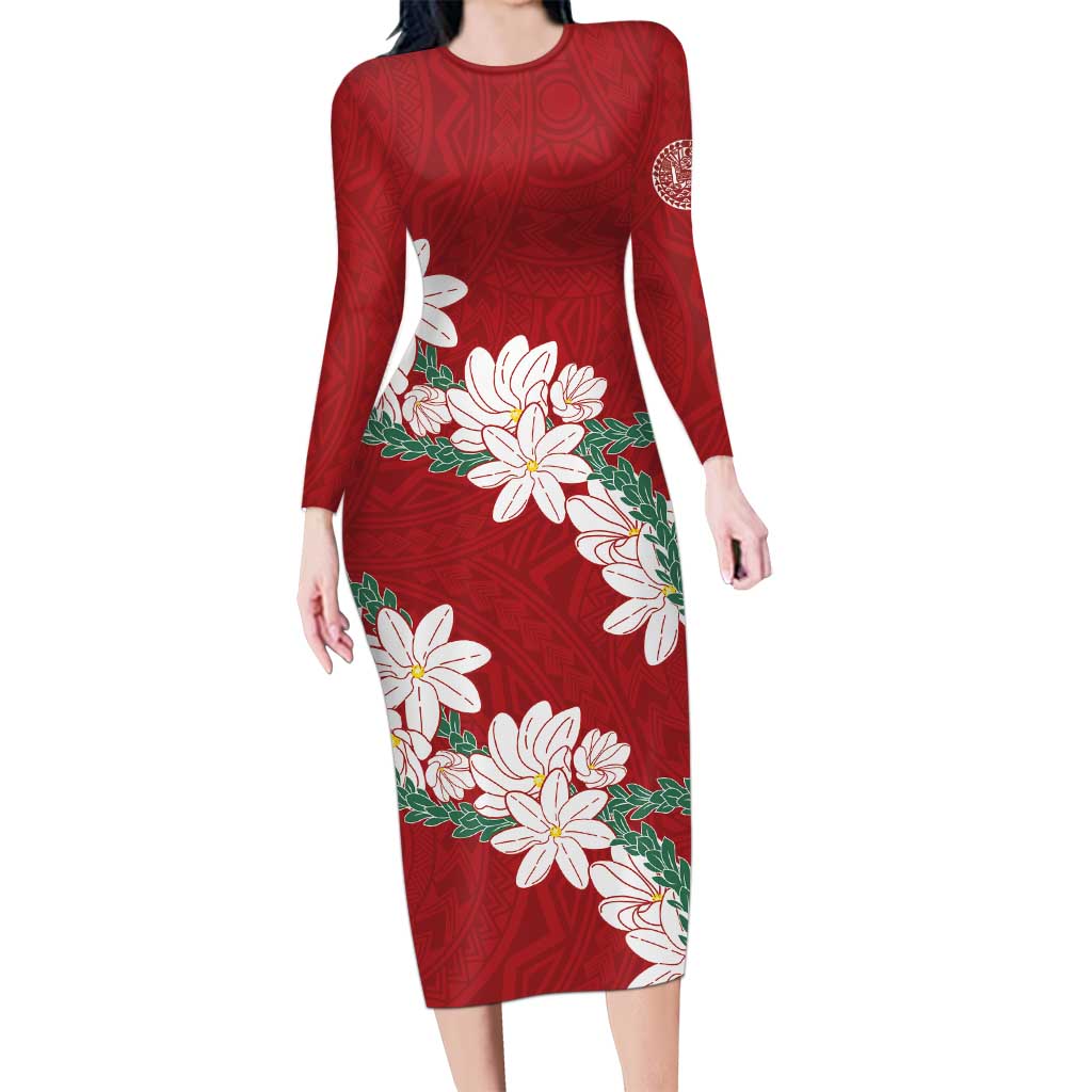 Ia Orana Tahiti Tiare Long Sleeve Bodycon Dress Crimson Lei - Polynesian Pride