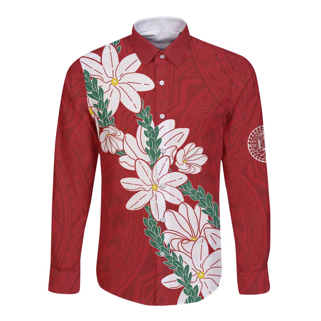 Ia Orana Tahiti Tiare Long Sleeve Button Shirt Crimson Lei - Polynesian Pride