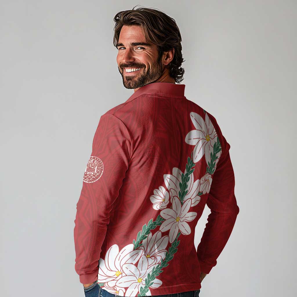 Ia Orana Tahiti Tiare Long Sleeve Polo Shirt Crimson Lei - Polynesian Pride
