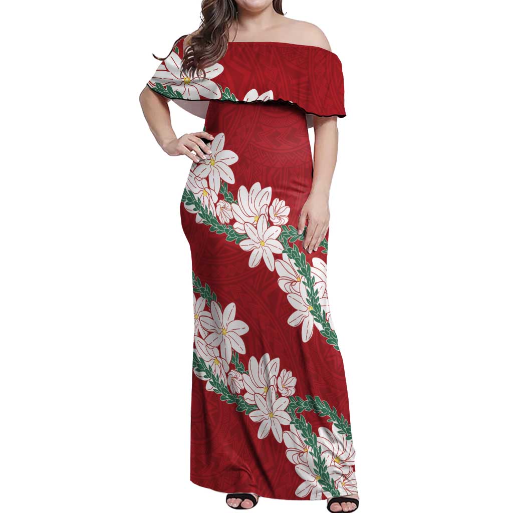 Ia Orana Tahiti Tiare Off Shoulder Maxi Dress Crimson Lei - Polynesian Pride