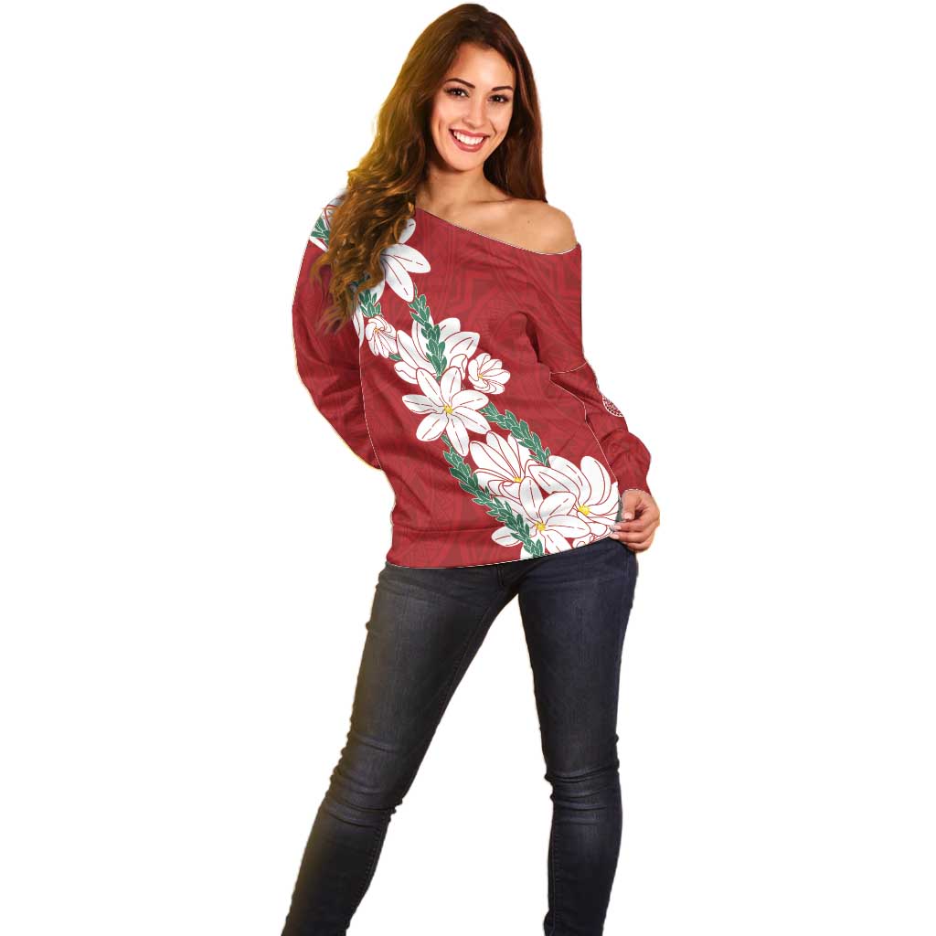 Ia Orana Tahiti Tiare Off Shoulder Sweater Crimson Lei - Polynesian Pride