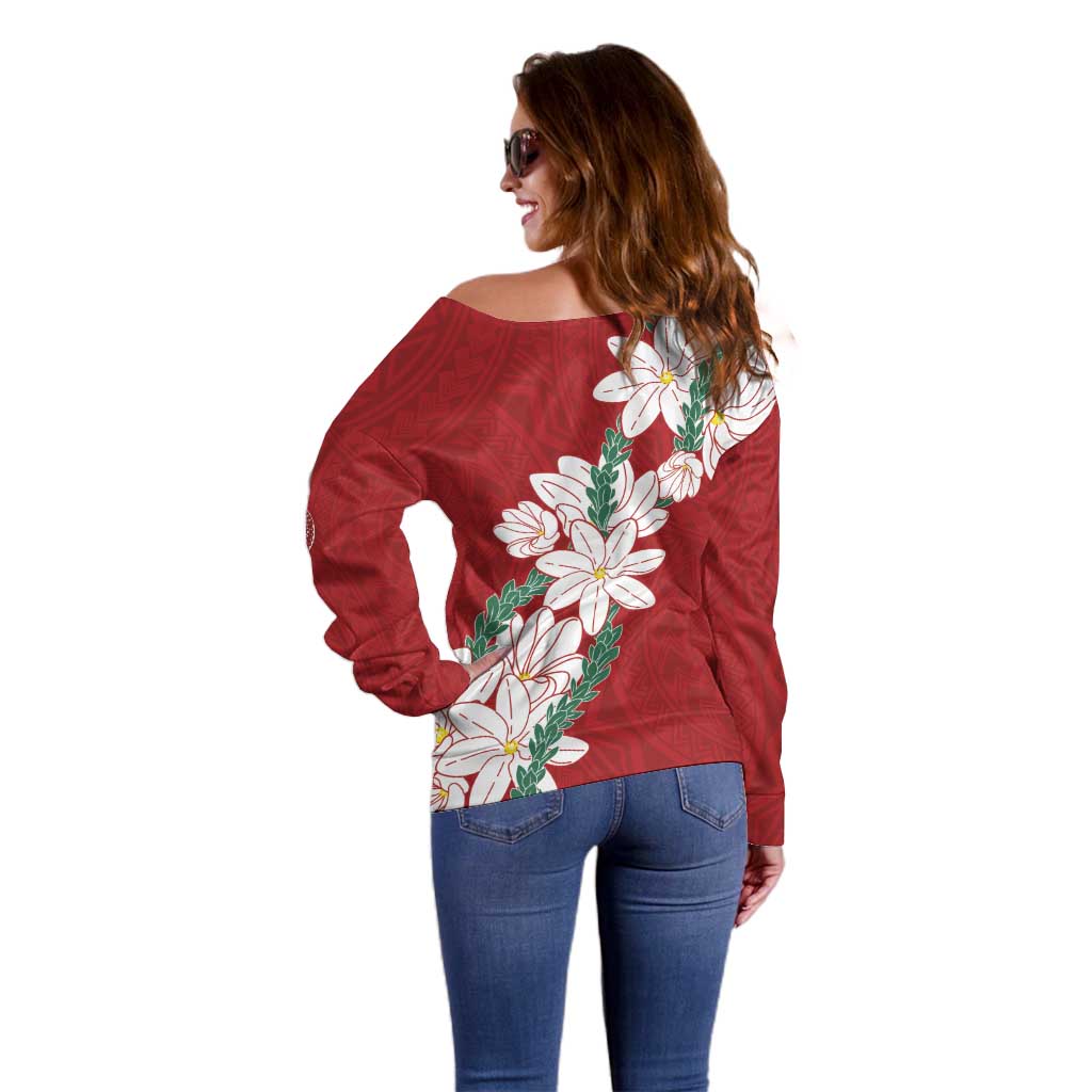 Ia Orana Tahiti Tiare Off Shoulder Sweater Crimson Lei - Polynesian Pride