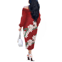 Ia Orana Tahiti Tiare Off The Shoulder Long Sleeve Dress Crimson Lei - Polynesian Pride