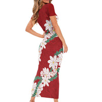 Ia Orana Tahiti Tiare Short Sleeve Bodycon Dress Crimson Lei - Polynesian Pride