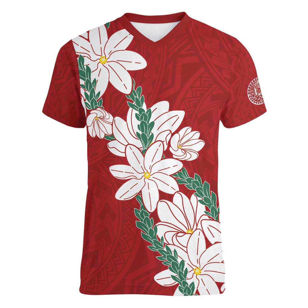 Ia Orana Tahiti Tiare Women V-Neck T-Shirt Crimson Lei - Polynesian Pride
