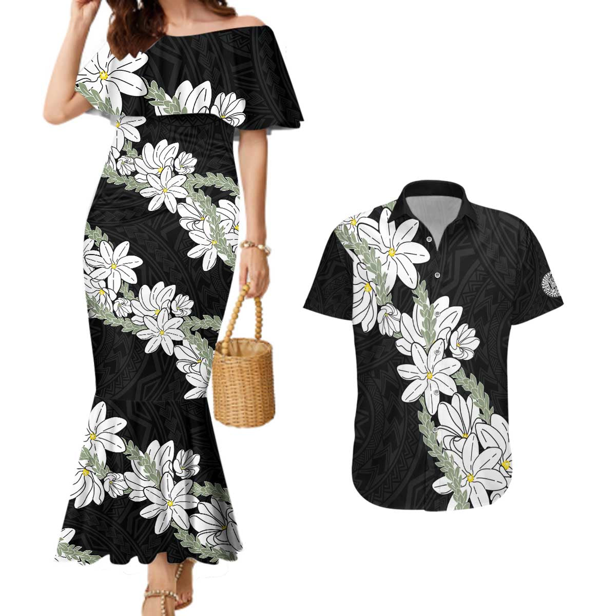 Ia Orana Tahiti Tiare Couples Matching Mermaid Dress and Hawaiian Shirt Black Lei - Polynesian Pride