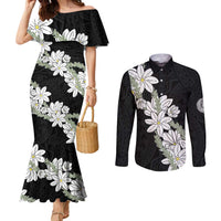 Ia Orana Tahiti Tiare Couples Matching Mermaid Dress and Long Sleeve Button Shirt Black Lei - Polynesian Pride