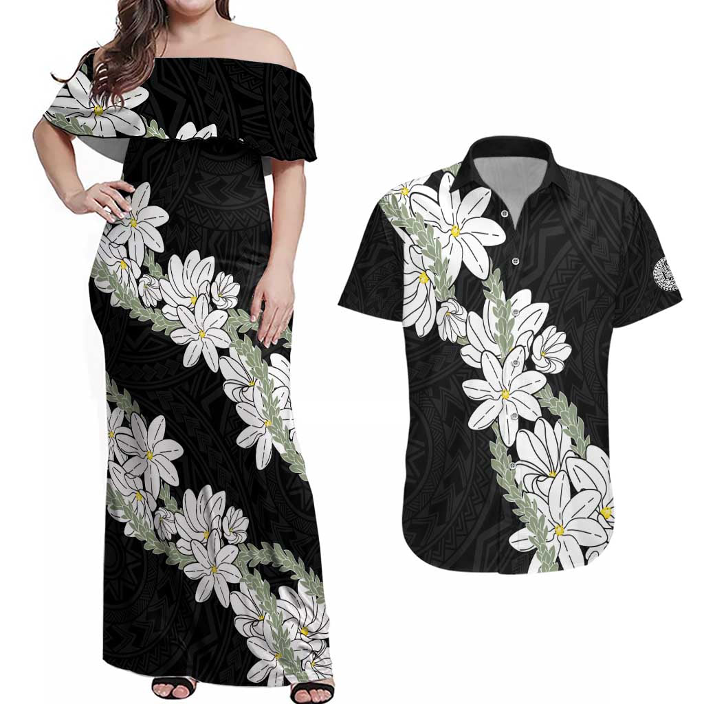 Ia Orana Tahiti Tiare Couples Matching Off Shoulder Maxi Dress and Hawaiian Shirt Black Lei - Polynesian Pride