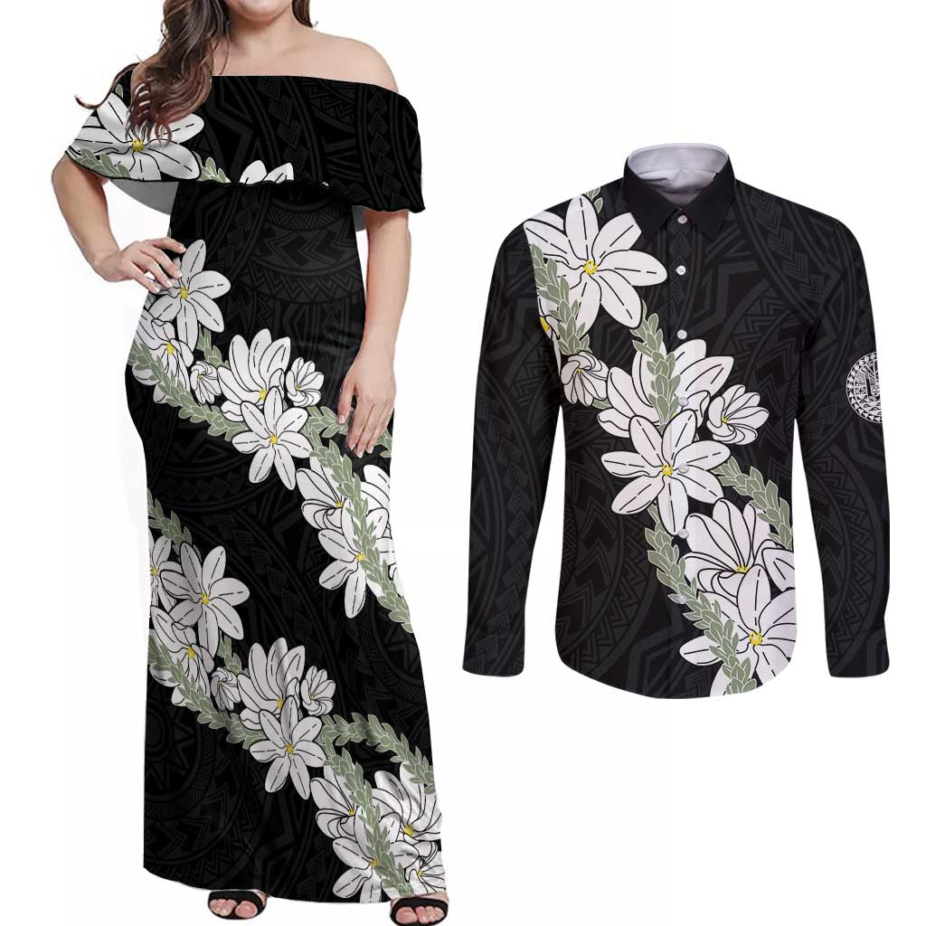 Ia Orana Tahiti Tiare Couples Matching Off Shoulder Maxi Dress and Long Sleeve Button Shirt Black Lei - Polynesian Pride