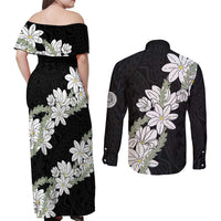Ia Orana Tahiti Tiare Couples Matching Off Shoulder Maxi Dress and Long Sleeve Button Shirt Black Lei - Polynesian Pride
