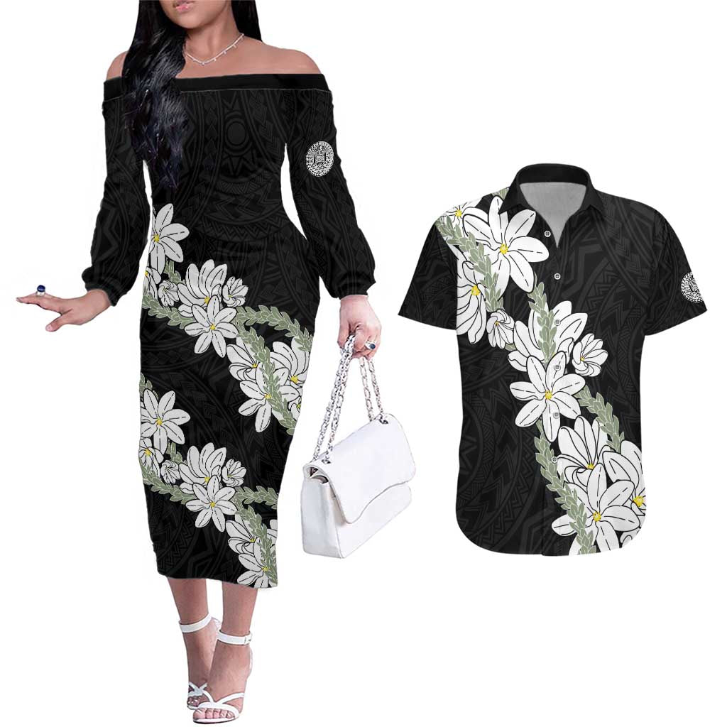 Ia Orana Tahiti Tiare Couples Matching Off The Shoulder Long Sleeve Dress and Hawaiian Shirt Black Lei - Polynesian Pride