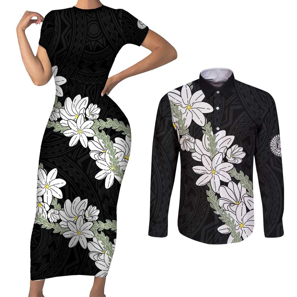 Ia Orana Tahiti Tiare Couples Matching Short Sleeve Bodycon Dress and Long Sleeve Button Shirt Black Lei - Polynesian Pride