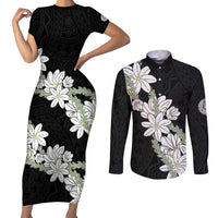 Ia Orana Tahiti Tiare Couples Matching Short Sleeve Bodycon Dress and Long Sleeve Button Shirt Black Lei - Polynesian Pride