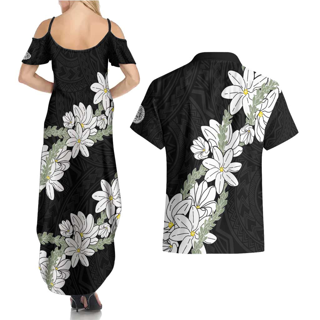 Ia Orana Tahiti Tiare Couples Matching Summer Maxi Dress and Hawaiian Shirt Black Lei - Polynesian Pride
