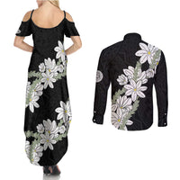 Ia Orana Tahiti Tiare Couples Matching Summer Maxi Dress and Long Sleeve Button Shirt Black Lei - Polynesian Pride