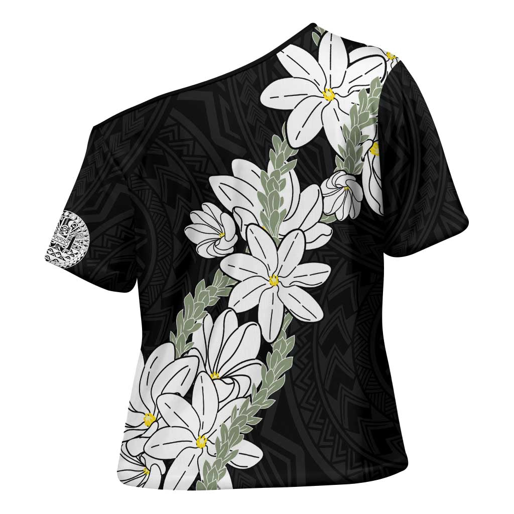 Ia Orana Tahiti Tiare Cross Shoulder Shirt Black Lei - Polynesian Pride