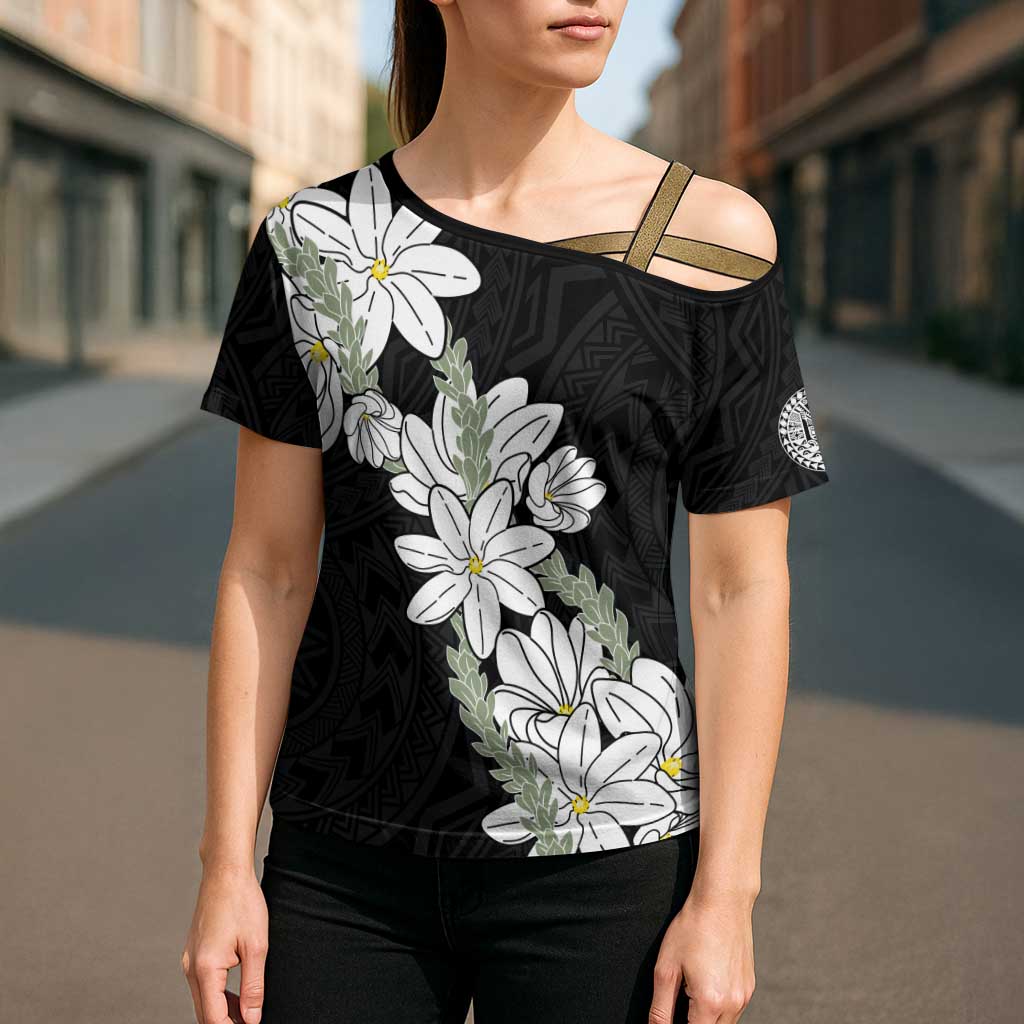 Ia Orana Tahiti Tiare Cross Shoulder Shirt Black Lei - Polynesian Pride