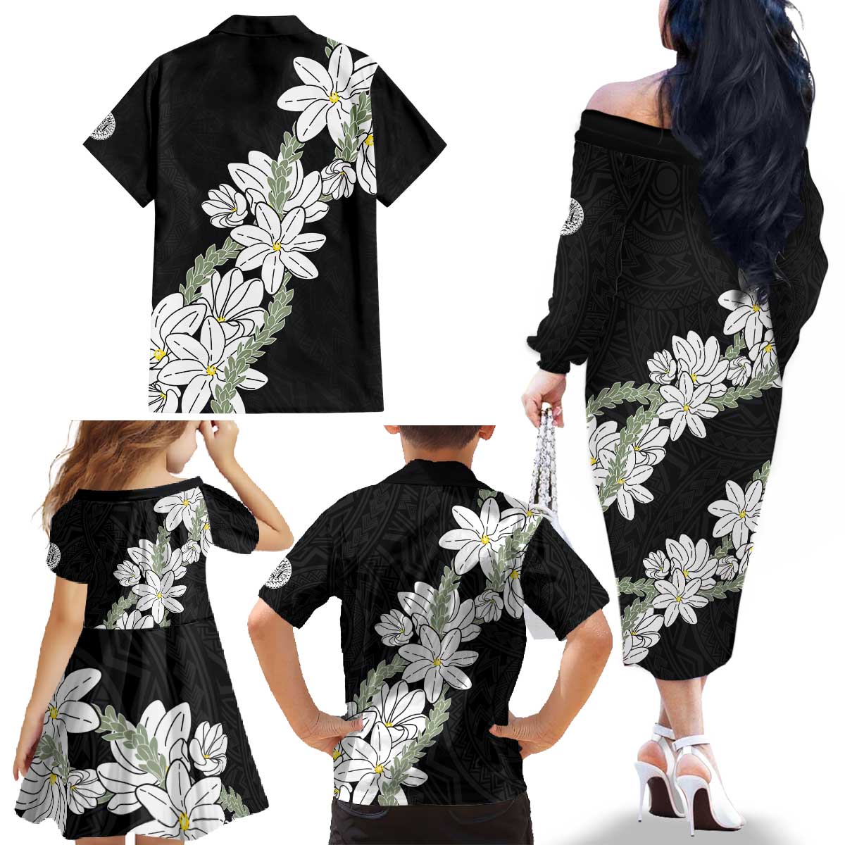 Ia Orana Tahiti Tiare Family Matching Off The Shoulder Long Sleeve Dress and Hawaiian Shirt Black Lei - Polynesian Pride