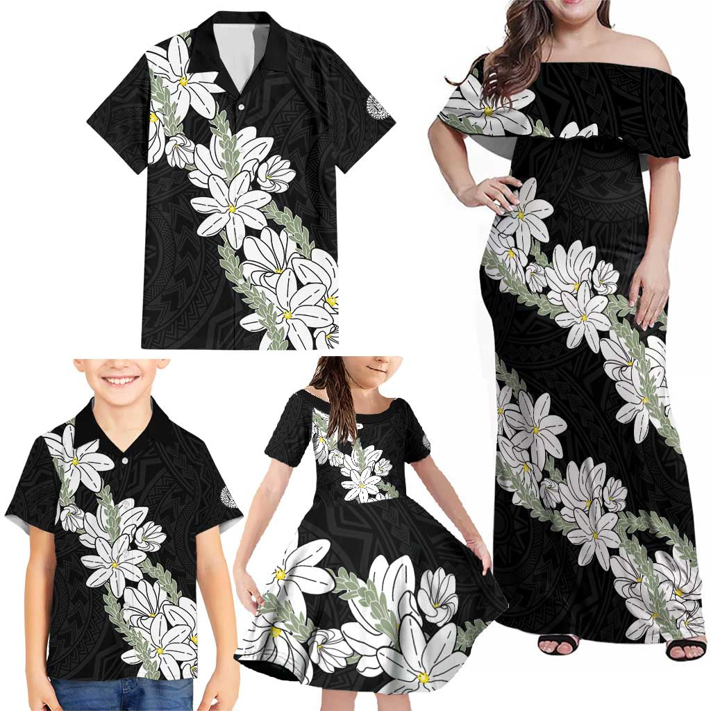 Ia Orana Tahiti Tiare Family Matching Off Shoulder Maxi Dress and Hawaiian Shirt Black Lei - Polynesian Pride