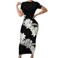 Ia Orana Tahiti Tiare Family Matching Short Sleeve Bodycon Dress and Hawaiian Shirt Black Lei - Polynesian Pride