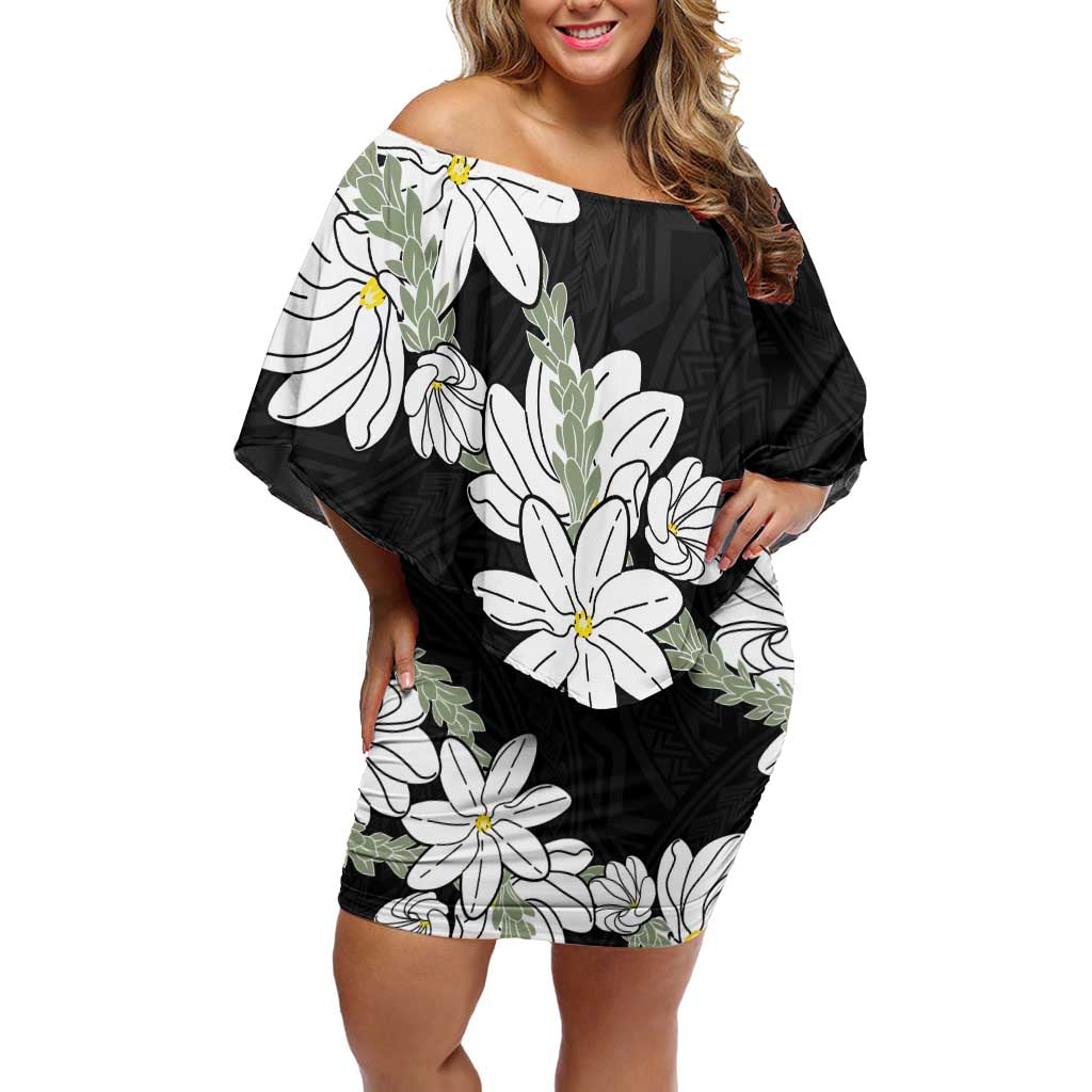 Ia Orana Tahiti Tiare Off Shoulder Short Dress Black Lei - Polynesian Pride