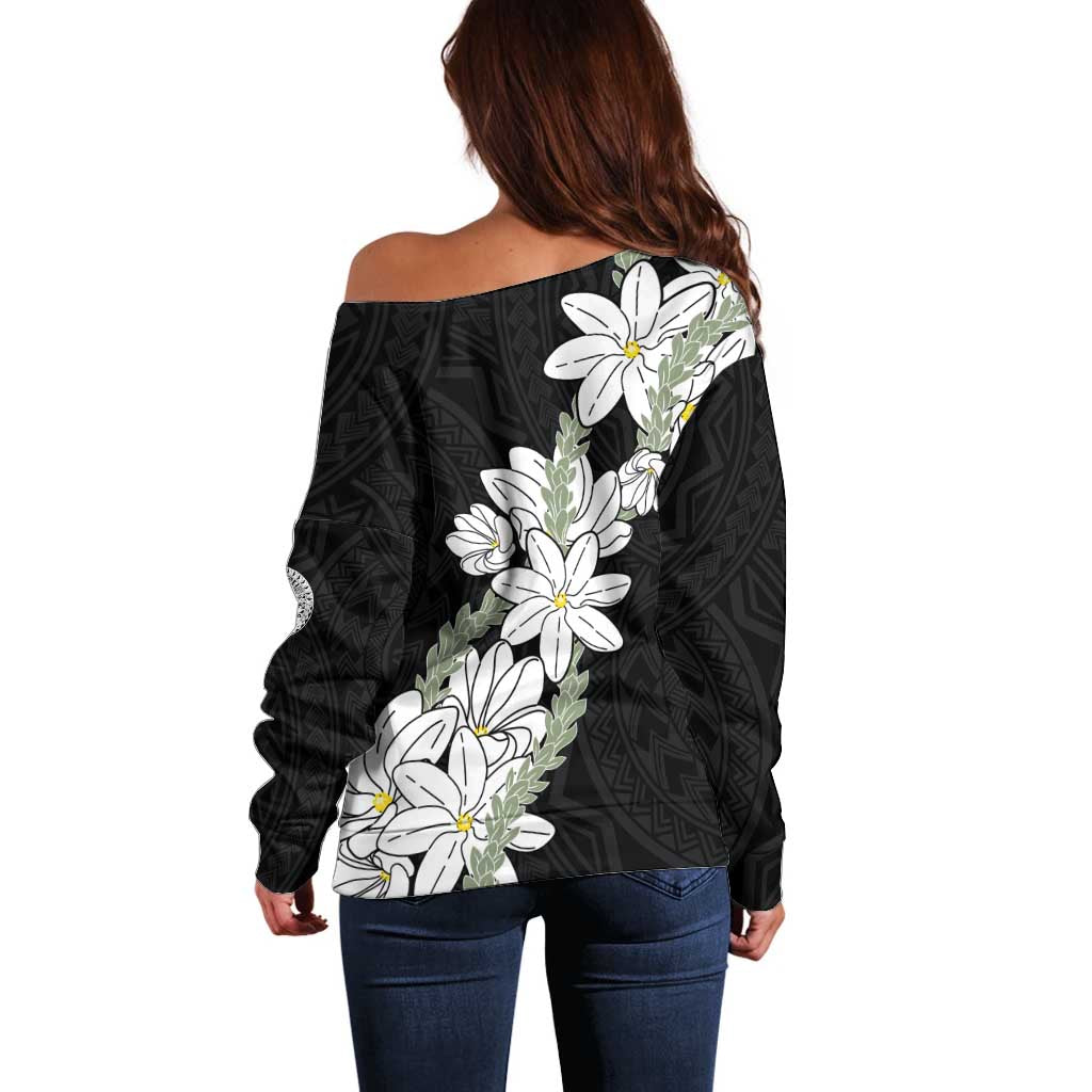 Ia Orana Tahiti Tiare Off Shoulder Sweater Black Lei - Polynesian Pride