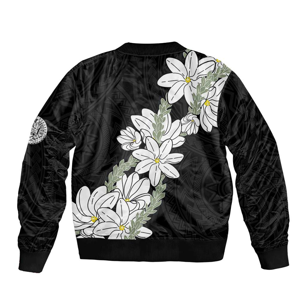 Ia Orana Tahiti Tiare Sleeve Zip Bomber Jacket Black Lei - Polynesian Pride