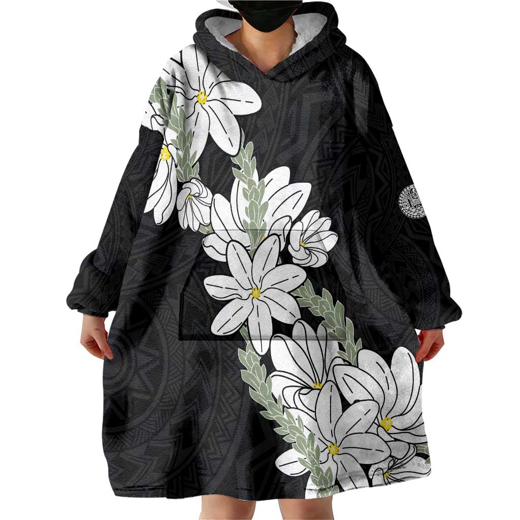 Ia Orana Tahiti Tiare Wearable Blanket Hoodie Black Lei - Polynesian Pride