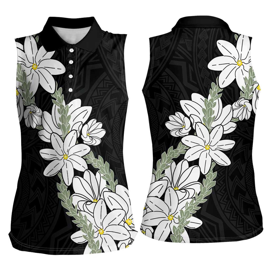Ia Orana Tahiti Tiare Women Sleeveless Polo Shirt Black Lei - Polynesian Pride