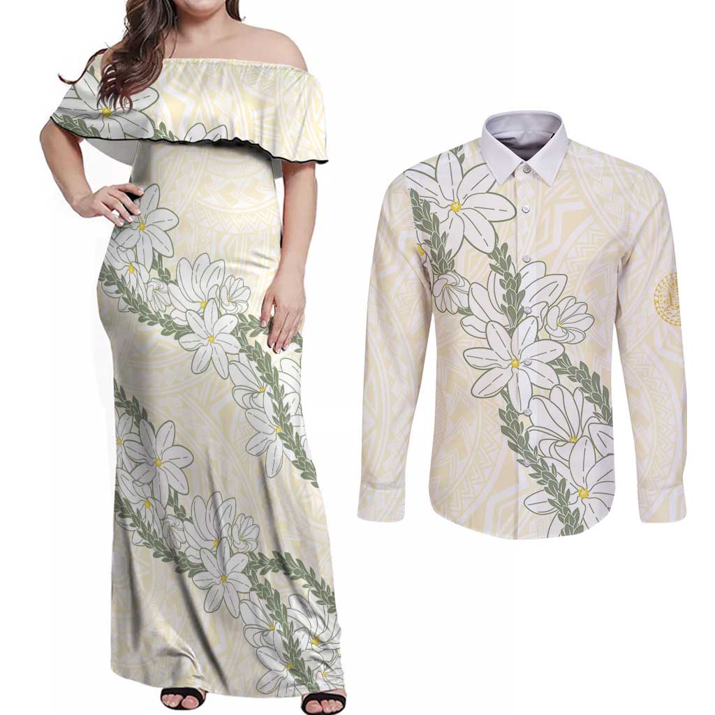 Ia Orana Tahiti Tiare Couples Matching Off Shoulder Maxi Dress and Long Sleeve Button Shirt Lemon Yellow Lei - Polynesian Pride