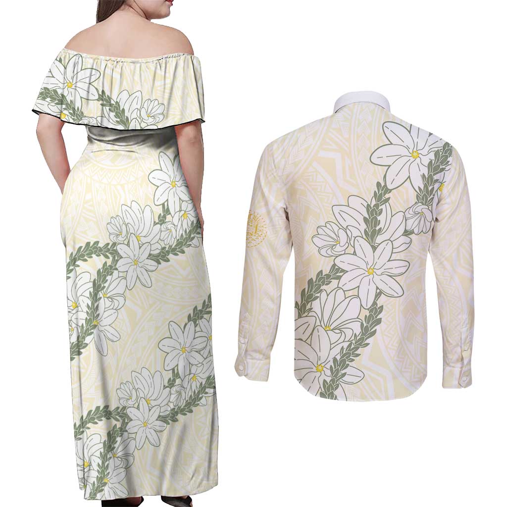 Ia Orana Tahiti Tiare Couples Matching Off Shoulder Maxi Dress and Long Sleeve Button Shirt Lemon Yellow Lei - Polynesian Pride