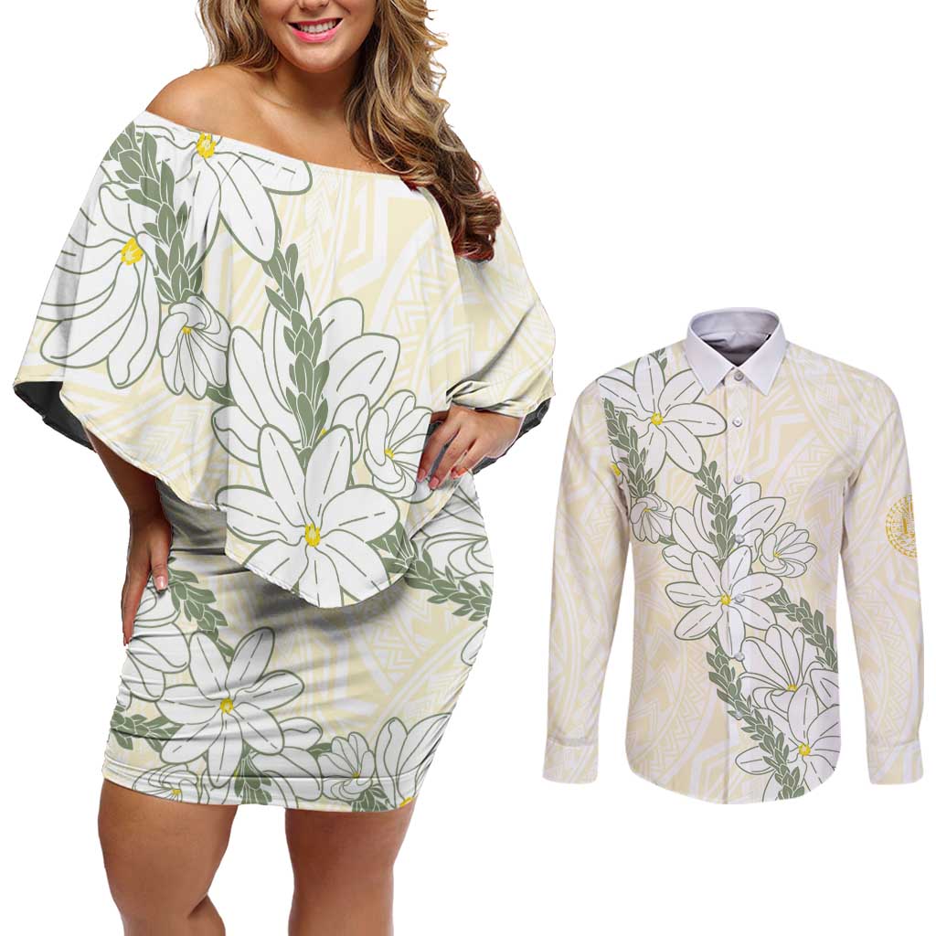 Ia Orana Tahiti Tiare Couples Matching Off Shoulder Short Dress and Long Sleeve Button Shirt Lemon Yellow Lei - Polynesian Pride