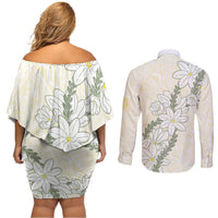 Ia Orana Tahiti Tiare Couples Matching Off Shoulder Short Dress and Long Sleeve Button Shirt Lemon Yellow Lei - Polynesian Pride