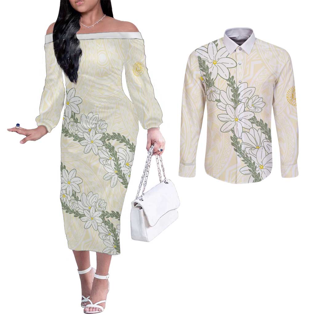 Ia Orana Tahiti Tiare Couples Matching Off The Shoulder Long Sleeve Dress and Long Sleeve Button Shirt Lemon Yellow Lei - Polynesian Pride