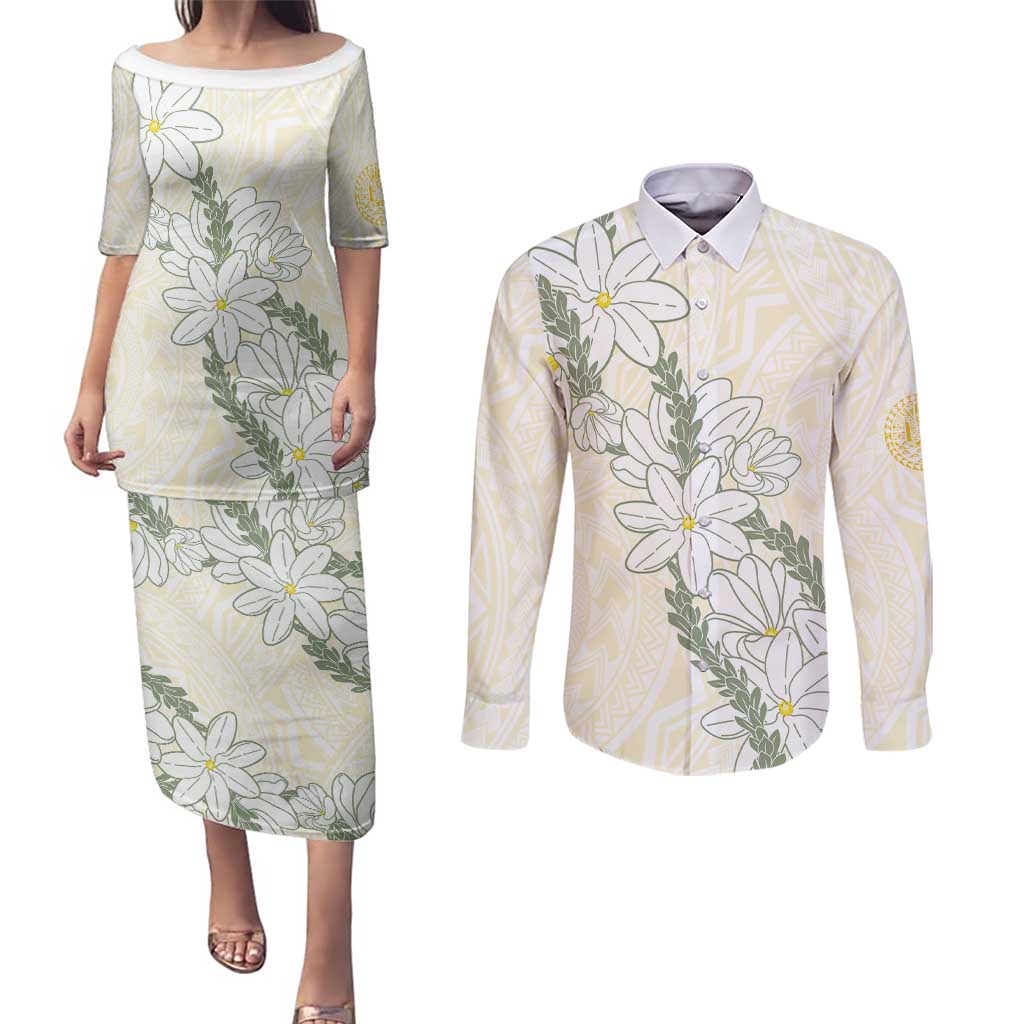 Ia Orana Tahiti Tiare Couples Matching Puletasi and Long Sleeve Button Shirt Lemon Yellow Lei - Polynesian Pride
