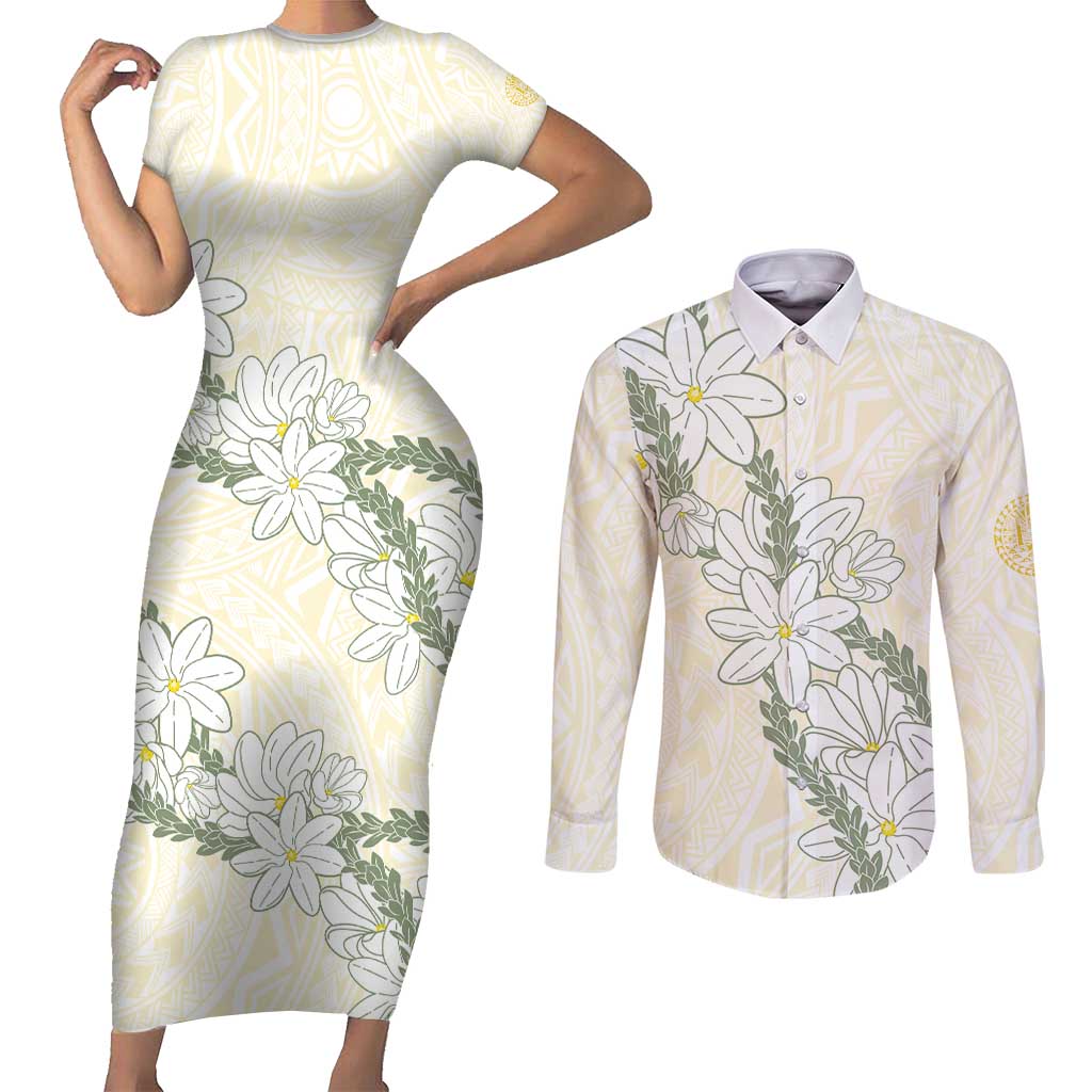 Ia Orana Tahiti Tiare Couples Matching Short Sleeve Bodycon Dress and Long Sleeve Button Shirt Lemon Yellow Lei - Polynesian Pride
