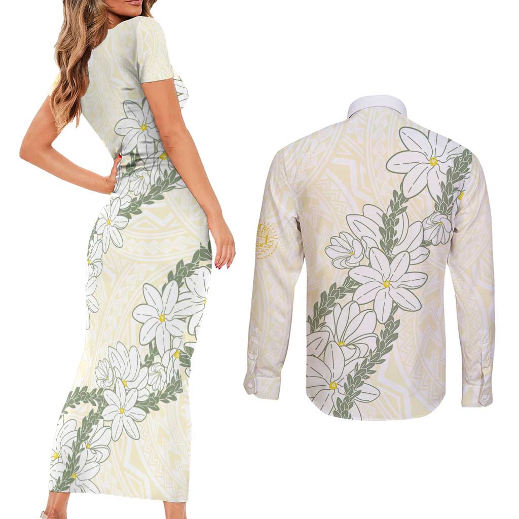Ia Orana Tahiti Tiare Couples Matching Short Sleeve Bodycon Dress and Long Sleeve Button Shirt Lemon Yellow Lei - Polynesian Pride