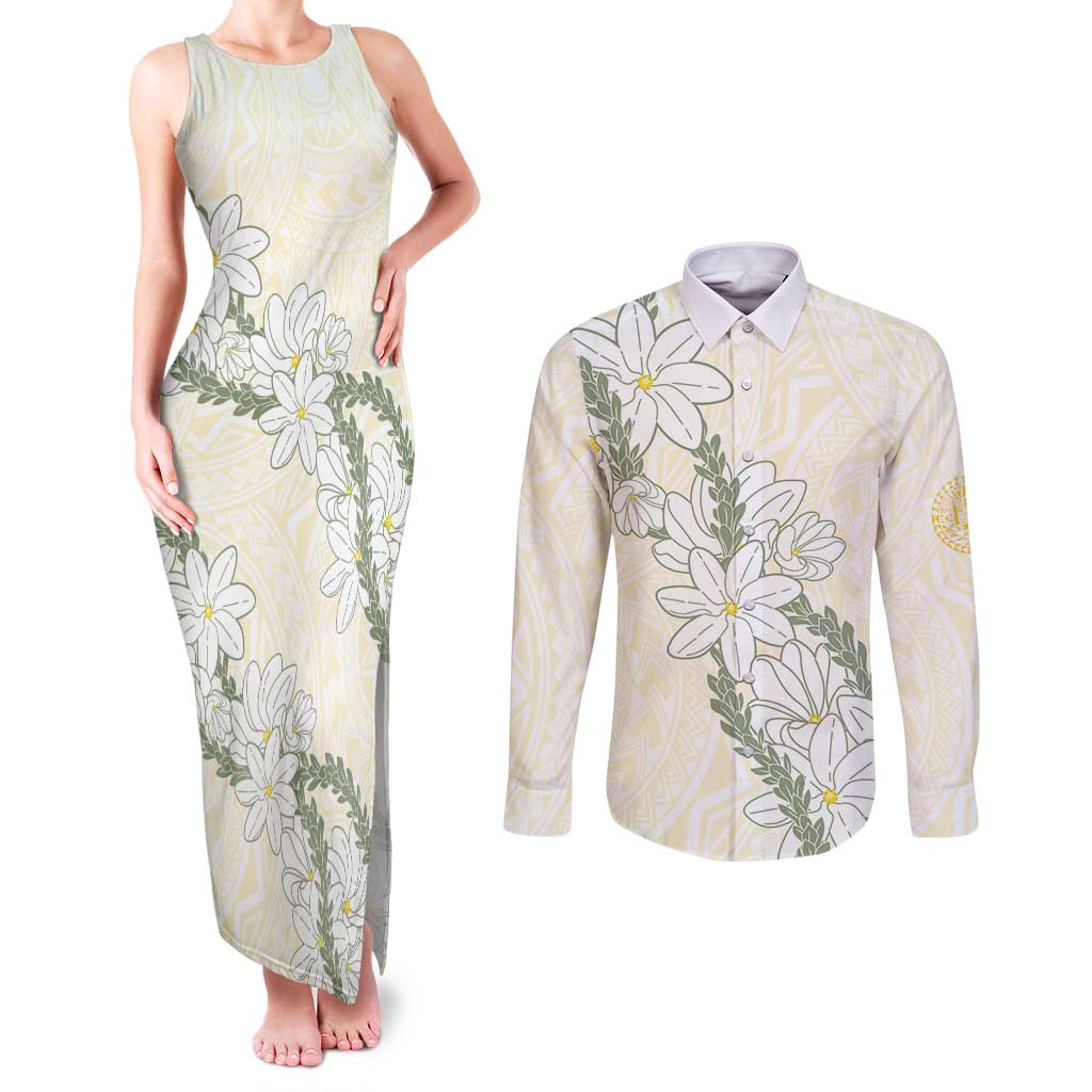 Ia Orana Tahiti Tiare Couples Matching Tank Maxi Dress and Long Sleeve Button Shirt Lemon Yellow Lei - Polynesian Pride