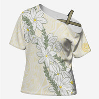 Ia Orana Tahiti Tiare Cross Shoulder Shirt Lemon Yellow Lei - Polynesian Pride