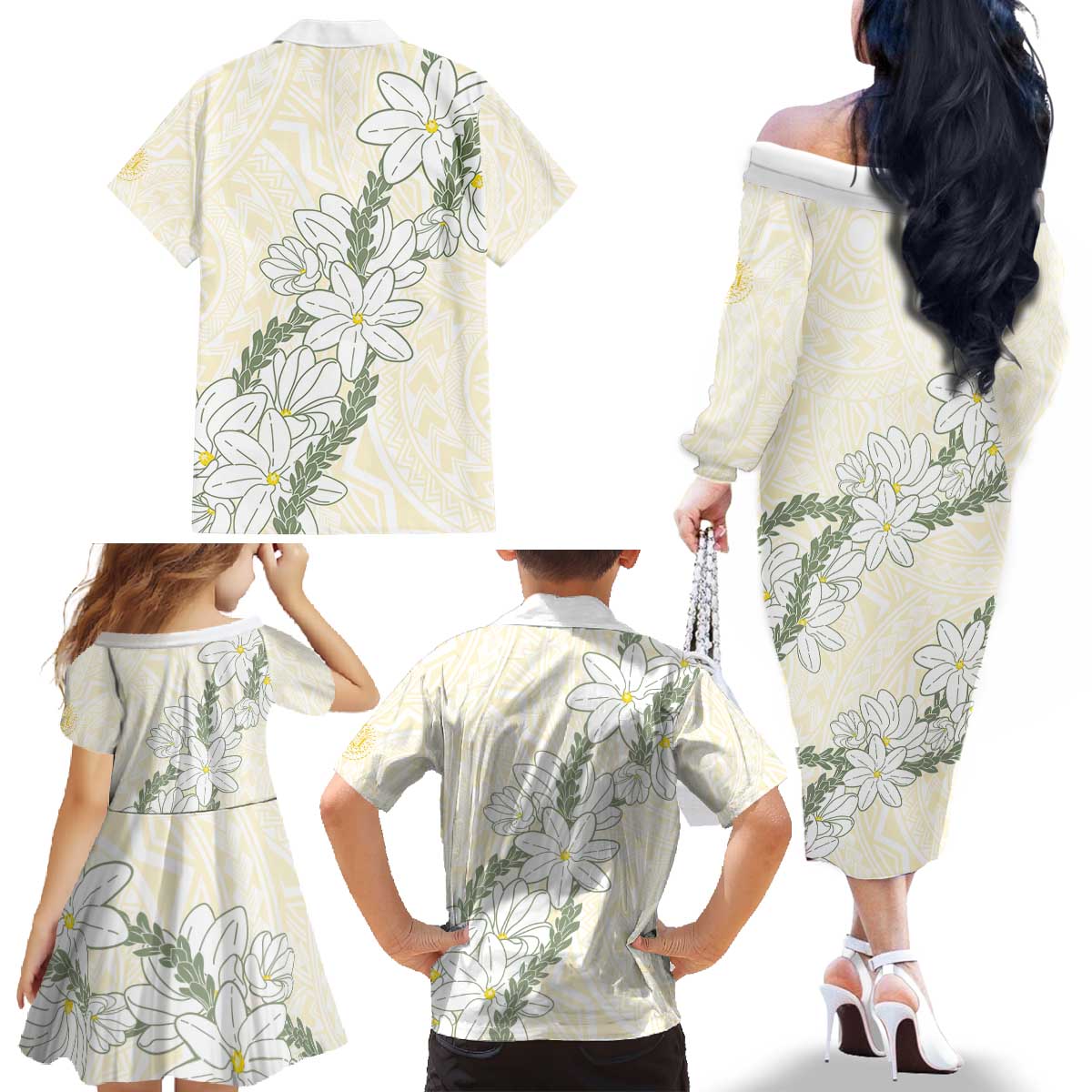 Ia Orana Tahiti Tiare Family Matching Off The Shoulder Long Sleeve Dress and Hawaiian Shirt Lemon Yellow Lei - Polynesian Pride
