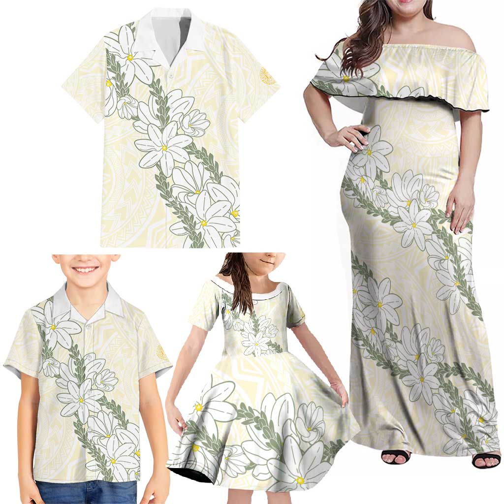 Ia Orana Tahiti Tiare Family Matching Off Shoulder Maxi Dress and Hawaiian Shirt Lemon Yellow Lei - Polynesian Pride
