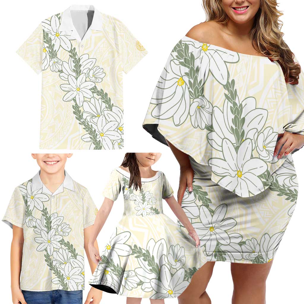 Ia Orana Tahiti Tiare Family Matching Off Shoulder Short Dress and Hawaiian Shirt Lemon Yellow Lei - Polynesian Pride