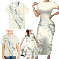 Ia Orana Tahiti Tiare Family Matching Short Sleeve Bodycon Dress and Hawaiian Shirt Lemon Yellow Lei - Polynesian Pride