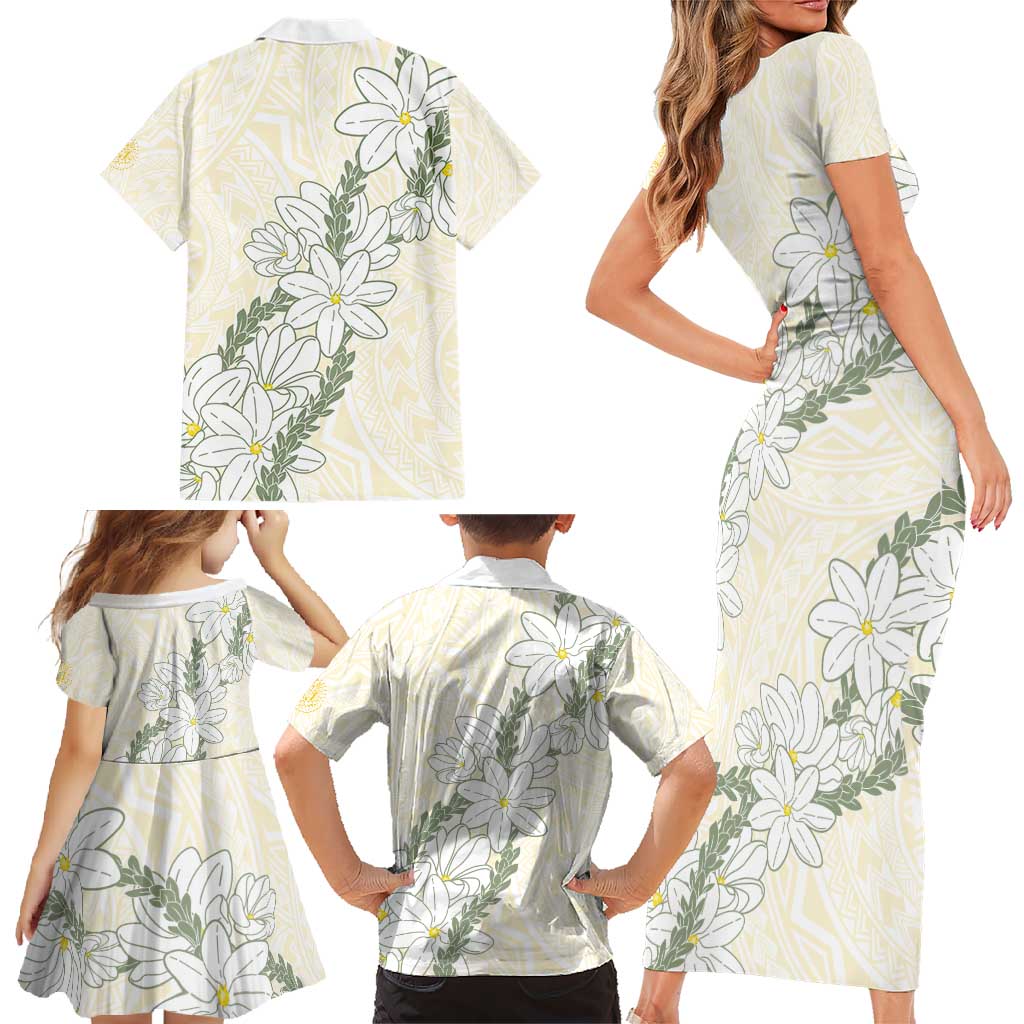 Ia Orana Tahiti Tiare Family Matching Short Sleeve Bodycon Dress and Hawaiian Shirt Lemon Yellow Lei - Polynesian Pride